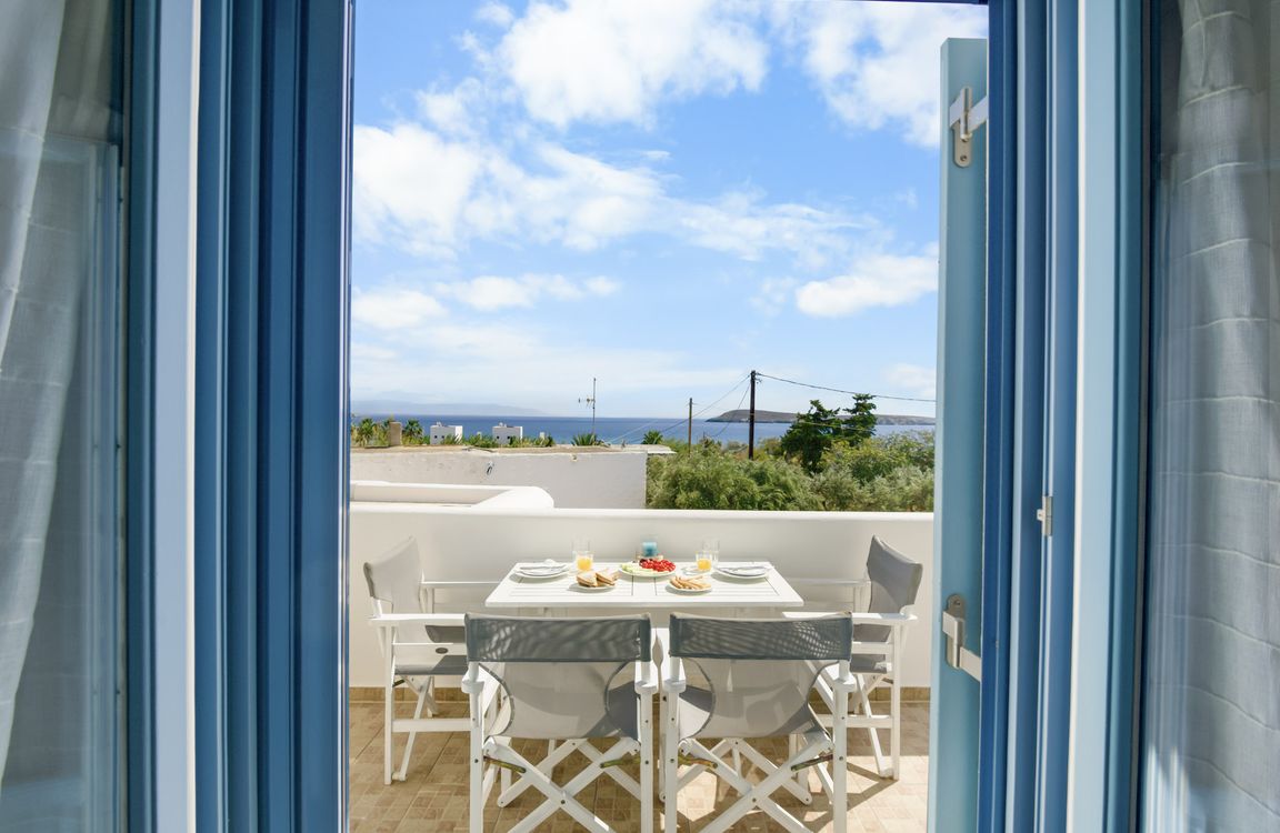 Jasmine apartment, Flora Apartments Drios Paros – sea-view balcony seen from the living room