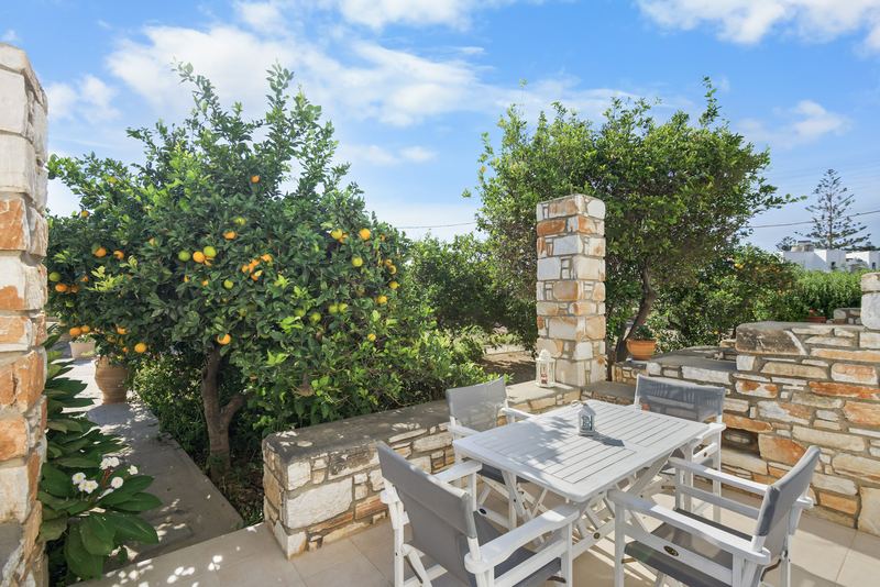 Margarita apartment, Flora Apartments Paros – stone-walled terrace among orange trees